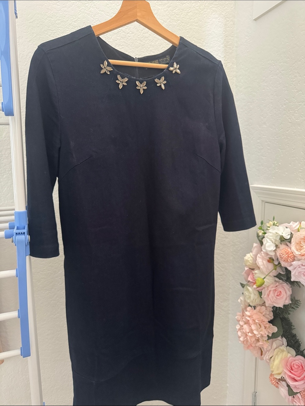 Zara Denim Couture Embellished Dark Navy Denim 3/4 Sleeve Dress